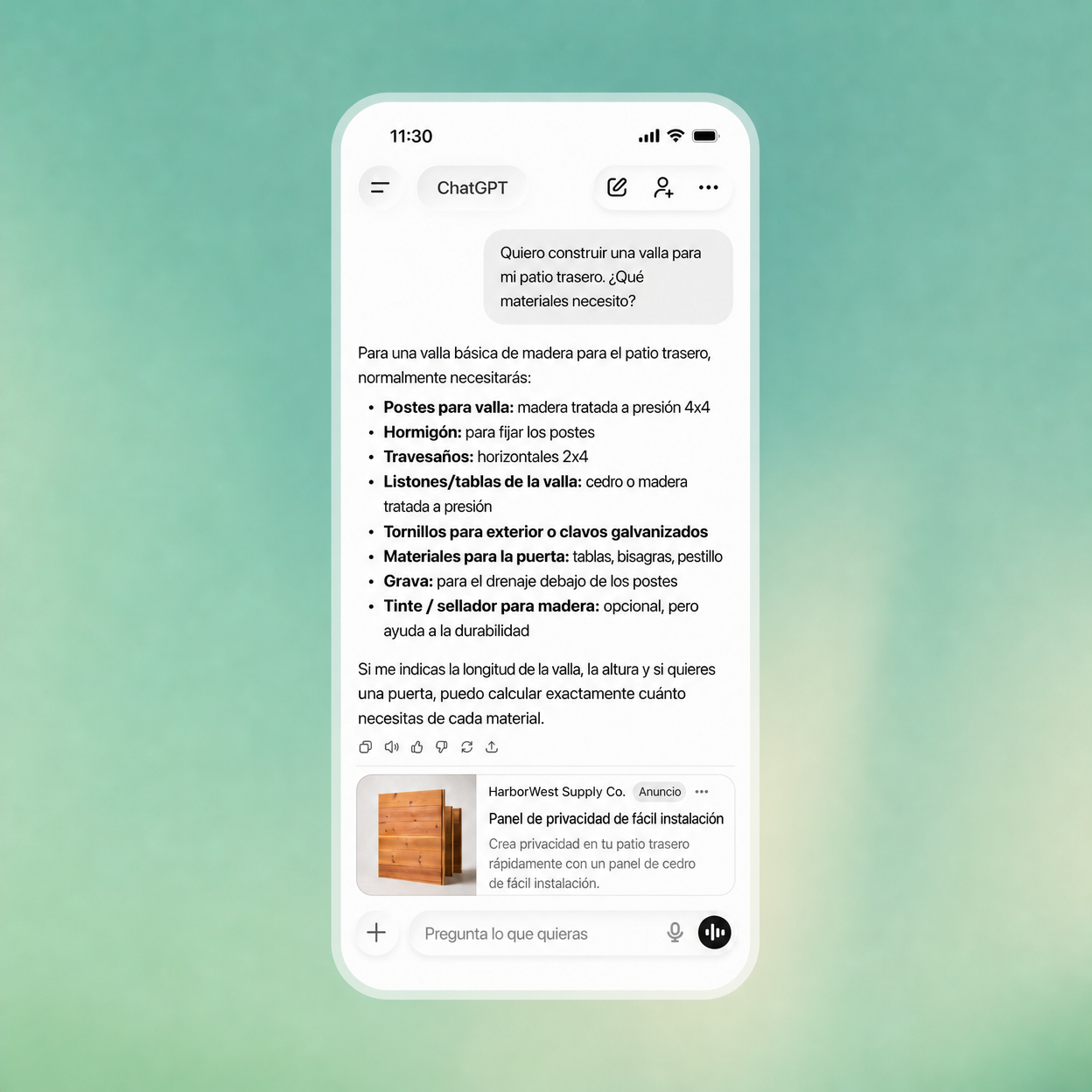 Ejemplo oficial de OpenAI de un anuncio bajo una respuesta de ChatGPT en el móvil